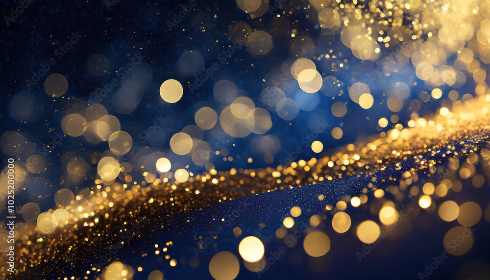 Poster golden glitter cascading against a deep blue background, creating a mesmerizing visual effect during
