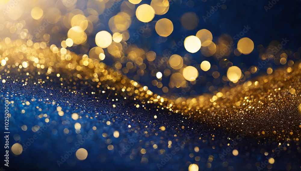 Poster a shimmering blue and gold background featuring sparkling particles reflecting light in a mesmerizin