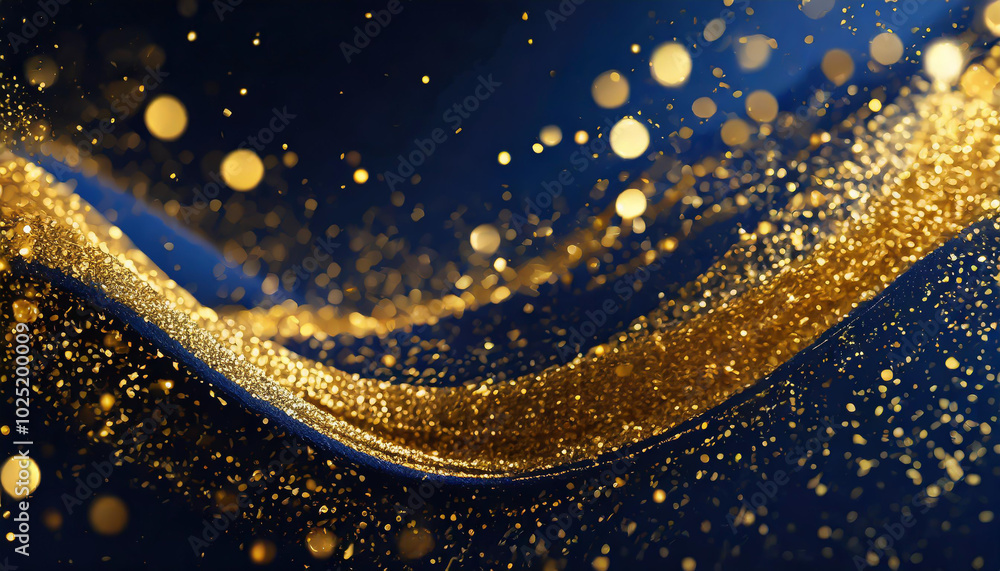 Poster a mesmerizing display of golden glitter swirling on a deep blue background, creating an enchanting a