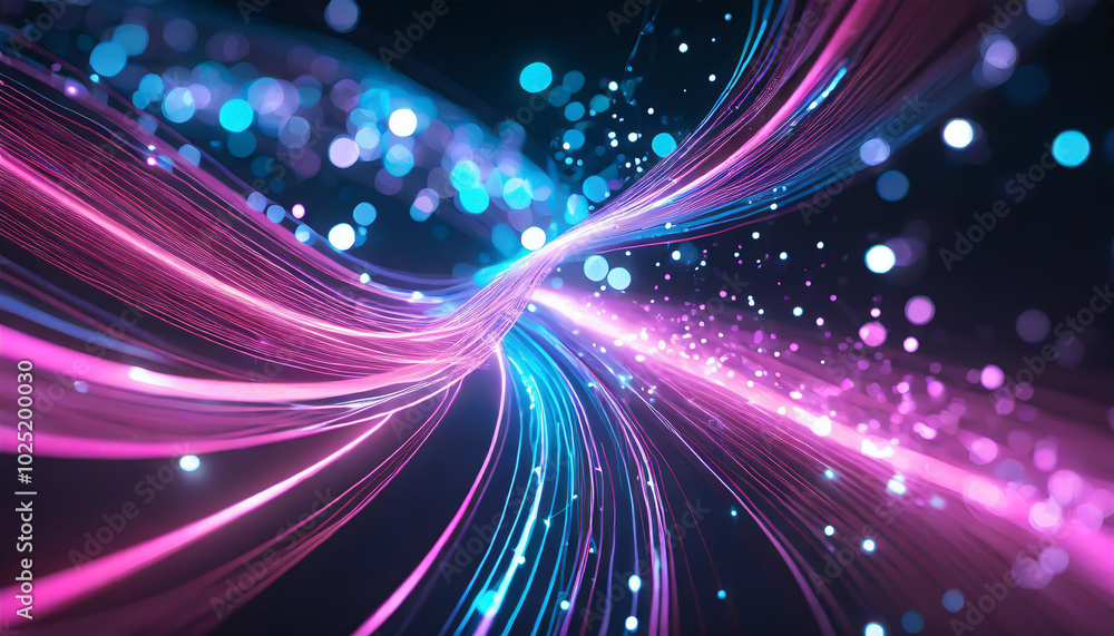 Poster colorful abstract light trails creating a dynamic flow in a dark background with vibrant hues of pin