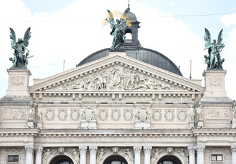 Lviv, Ukraine - 02.15.2022: the upper part of the building of the large architectural ensemble of the opera house in the city of Lviv. The center of the Ukrainian city of Lviv