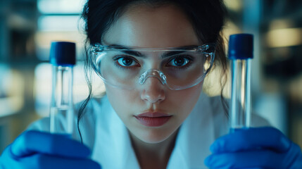 Young scientist examining test tubes in laboratory with focused expression and protective gear during evening research session