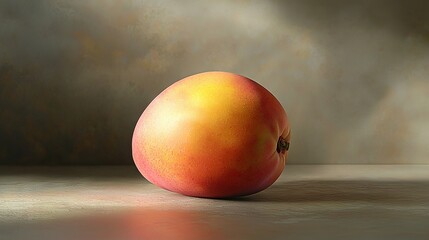   A peach atop a table, beside a portrait of a person's face in the background