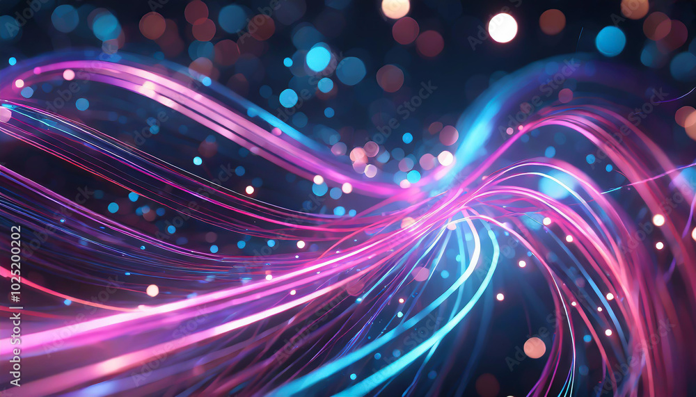 Poster colorful flowing lights create a vibrant abstract background with glowing particles in a dark settin