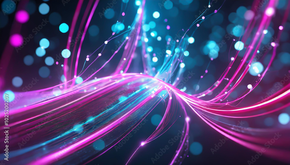 Poster colorful abstract light patterns with flowing lines and glowing orbs creating a vibrant digital desi