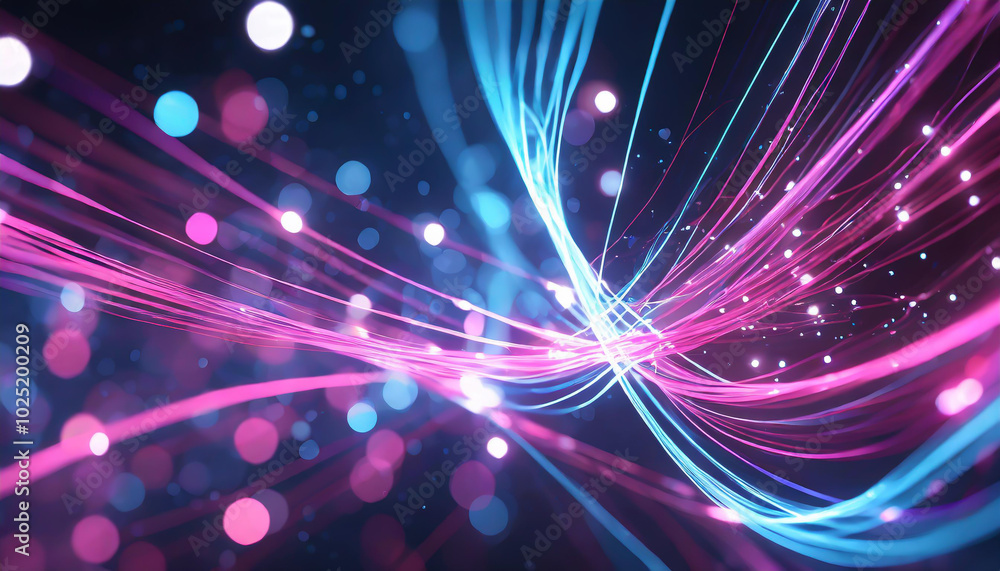 Poster vibrant abstract light trails with colorful bokeh effect in a dark background