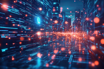 Futuristic Cyber City with Glowing Data Streams 