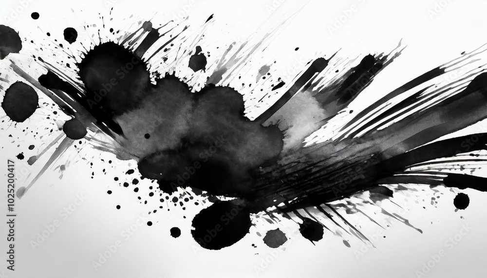 Poster abstract black ink splashes create an energetic design on a white background, showcasing artistic ex