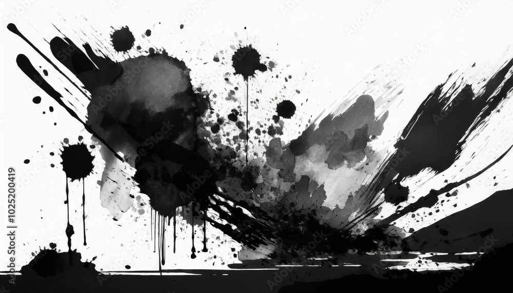 Aufkleber dynamic black and white paint splatter art with bold textures and abstract forms expressing energy a