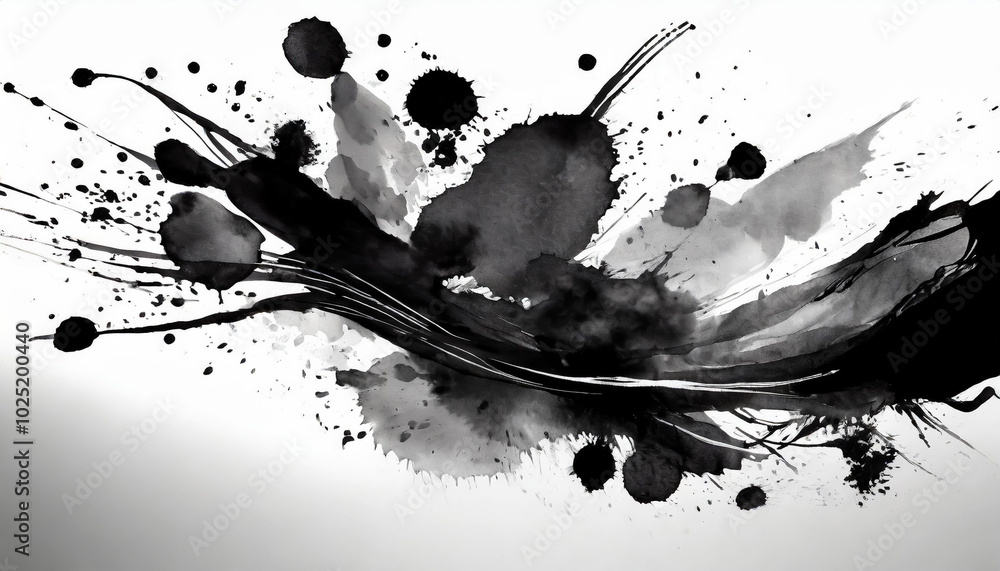 Poster abstract black ink splash on white background created with freeform brush strokes and splatters, cap