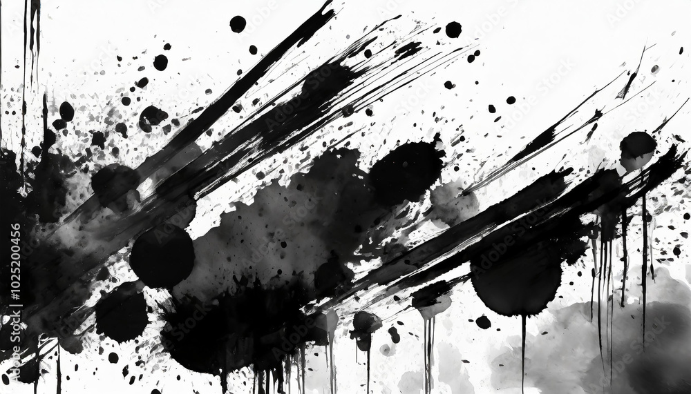 Poster abstract black and white ink splatter art showcasing expressive strokes and dots on a textured backg