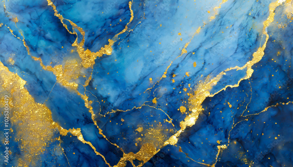 Poster abstract blue and gold marbled texture with intricate patterns resembling waves and geological forma