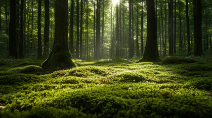 Sunlight filtering through tall trees over a mossy forest floor at dawn inspires a peaceful outdoor atmosphere