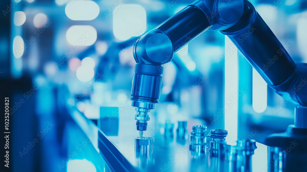 Poster robotic arms working in a factory assembly line under cool blue lighting, symbolizing automation and
