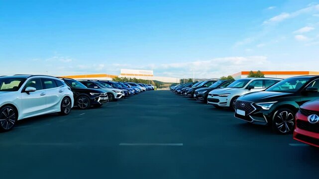 A parking lot full of cars under a bright blue sky, emphasizing variety, accessibility, and modern transportation, perfect for car dealership or automotive industry visuals.