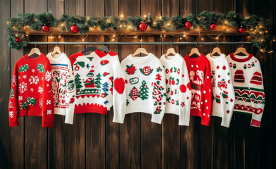 Fototapeta premium Colorful Christmas sweaters hanging on a festive display with holiday decorations and lights.