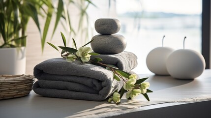 Spa concept with zen basalt stones and massage oil. Neural network ai generated art