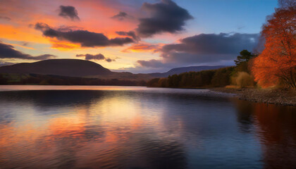 Stunning sunset over a tranquil lake surrounded by autumn trees and mountains in the evening sky