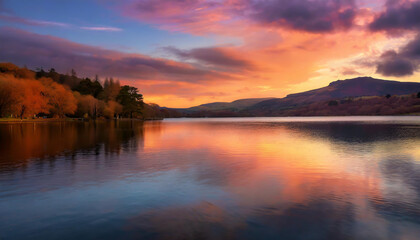 Stunning sunset over tranquil lake surrounded by autumn trees and distant mountains reflecting vibrant colors in the evening sky