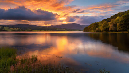 Serene sunset over tranquil lake reflecting colorful skies in the countryside landscape during golden hour