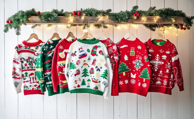 Colorful Christmas sweaters hanging on a festive display with holiday decorations and lights.