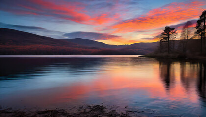 Vibrant sunset reflecting on serene lake surrounded by autumnal mountains in early evening light