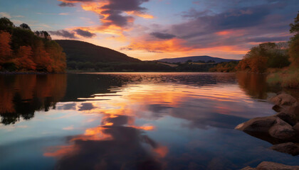 Stunning sunset over a tranquil lake with vibrant reflections and colorful skies in the countryside