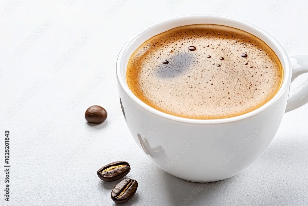 Poster minimalist cup of coffee placed on a clean, white table with only a soft glow from early morning lig