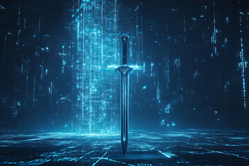  image of the mystical long sword with glowing, modern data connections