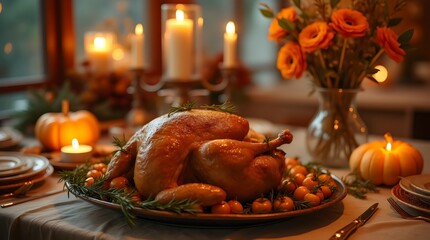Thanksgiving day dinner with holiday autumn decor and candles. Family dining room table set with delicious golden roasted turkey on platter garnished
