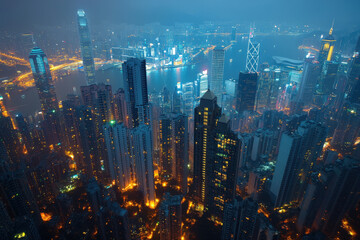 Fototapeta premium Nighttime Aerial View of Hong Kong Cityscape 