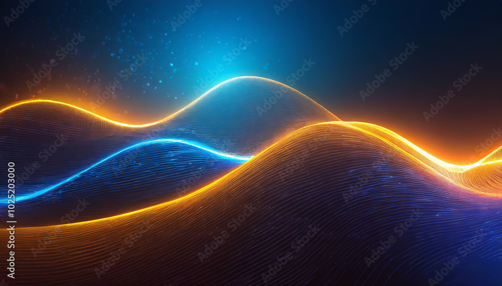 Poster dynamic waves of light in vibrant orange and blue glow, creating a mesmerizing visual display in a d
