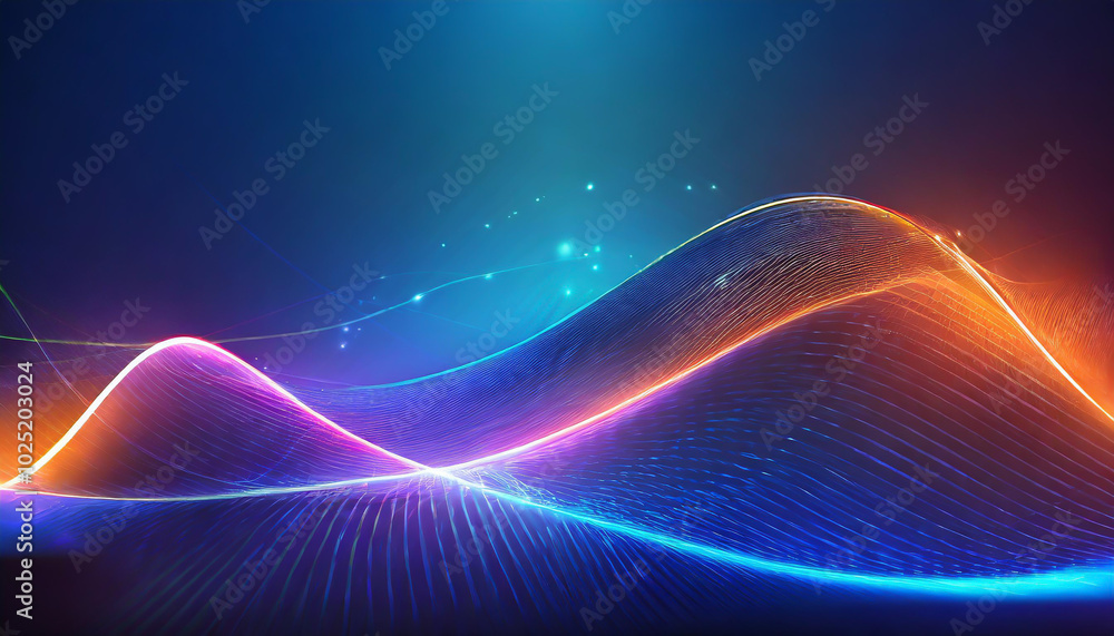 Poster vibrant wave patterns create an abstract visual effect with colorful light trails and glowing partic
