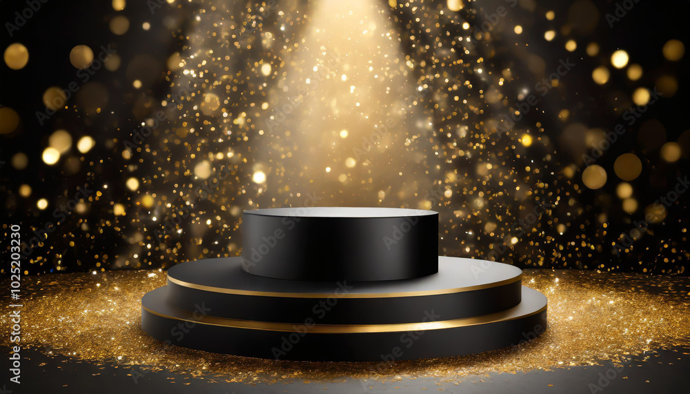Poster elegant black podium with a golden sparkle backdrop illuminated by soft lighting in a festive event 