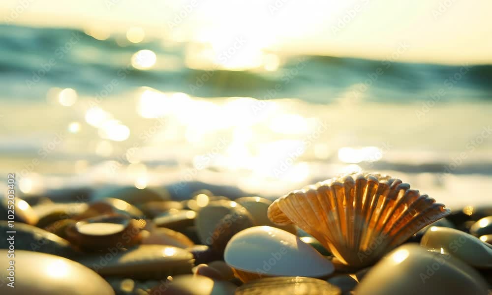 Poster close up of a seashell on a beach with the ocean and sunset in the background