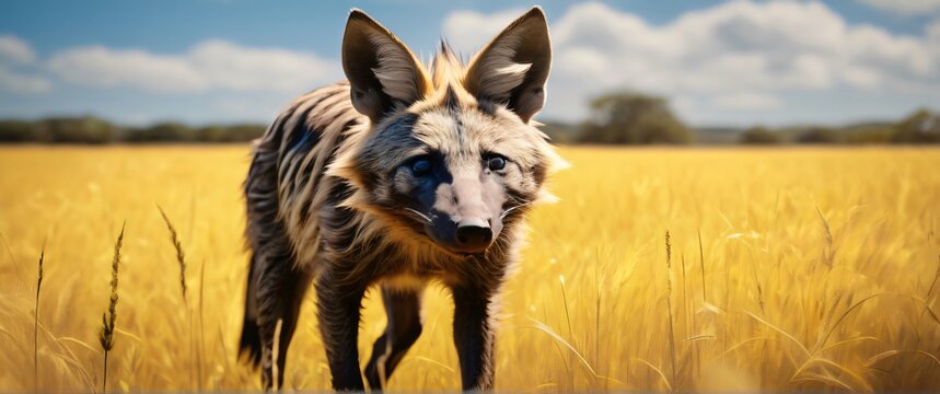 hyen walking through a field of tall grass
