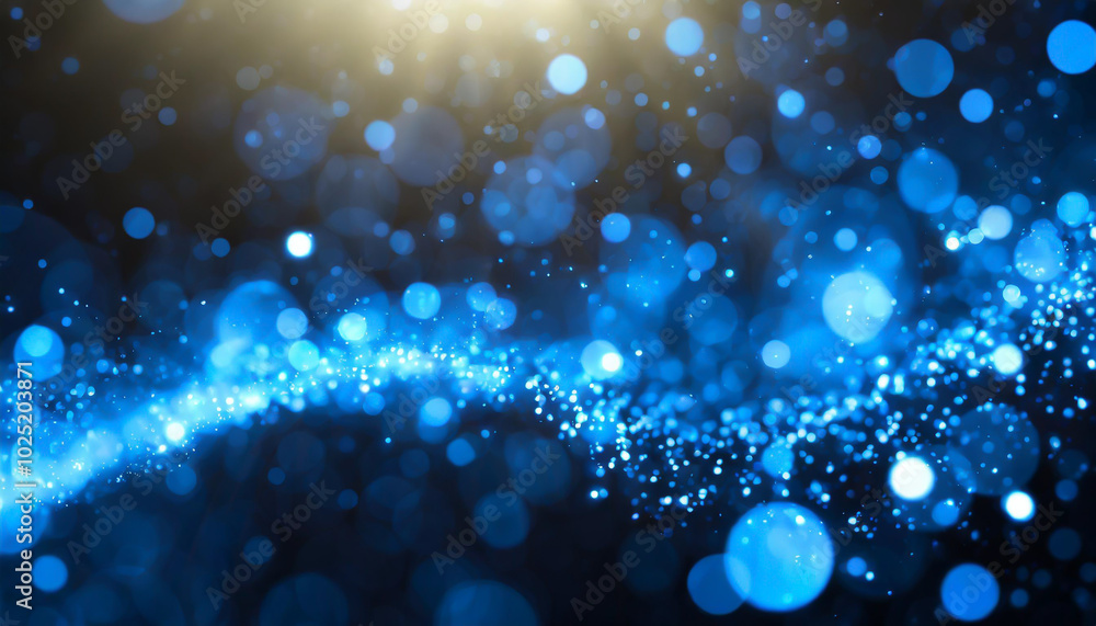 Poster a shimmering blue abstract background with glowing particles creating a dynamic wave effect in a dar