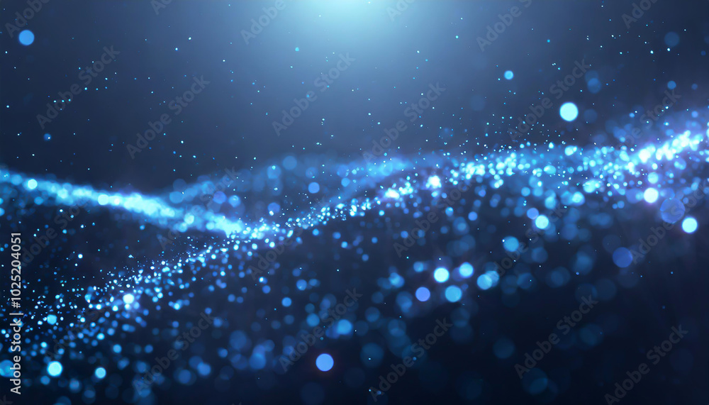 Poster blue shimmering particles create a mesmerizing wave pattern under soft lighting in a tranquil settin