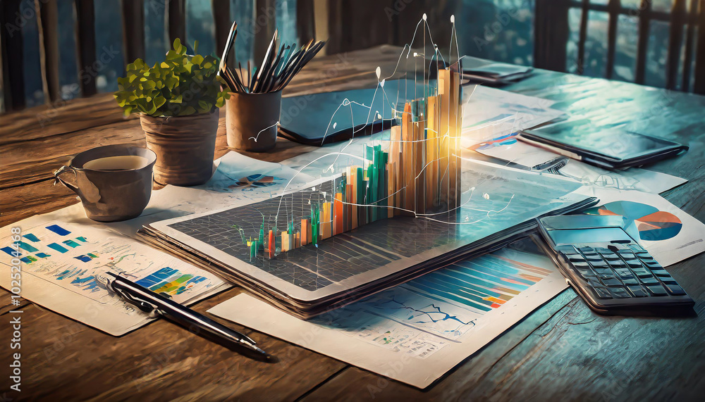 Poster data analysis on a laptop with visual graphs displayed, surrounded by office tools and charts in a b
