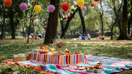 A vibrant picnic scene with blankets, food, and decorations in a park
