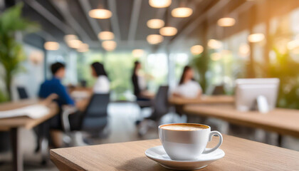 A cup of coffee sits on a table while people work and socialize in a modern office space during the day