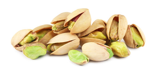 Heap of tasty pistachio nuts isolated on white