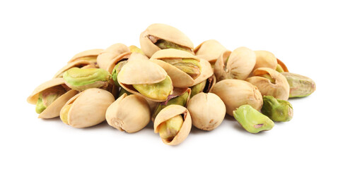 Heap of tasty pistachio nuts isolated on white