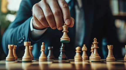 A business professional strategizes their next move during a chess game in a stylish office setting