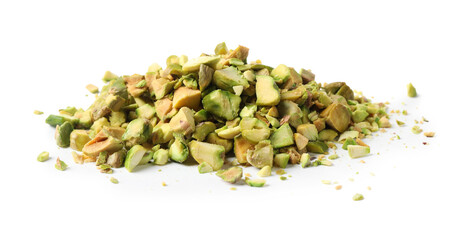 Pieces of peeled pistachio nut isolated on white