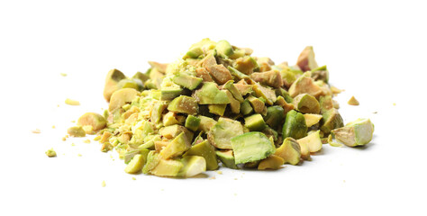 Pieces of peeled pistachio nut isolated on white