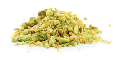 Pieces of peeled pistachio nut isolated on white