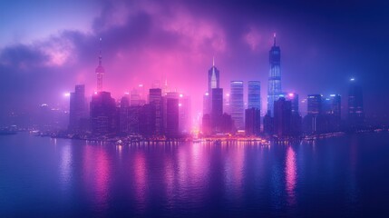 Fototapeta premium A panoramic view of a cityscape at night, with tall buildings and a colorful sky.