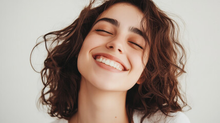 Young woman with curly hair smiles brightly against a neutral background during daytime, conveying joy and warmth