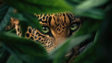 A leoparda??s eye, intensely focused, peeking through layers of overlapping leaves.